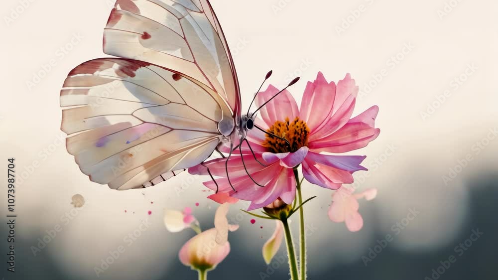 Spring watercolor illustration of a butterfly with pastel pink wings resting on a delicate flower isolated on white background for banners greeting cards minimalistic high resolution quality detail