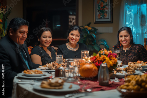 Happy Latino Hispanic Family Eating Thanksgiving Dinner Meal Together at Dining Room Table