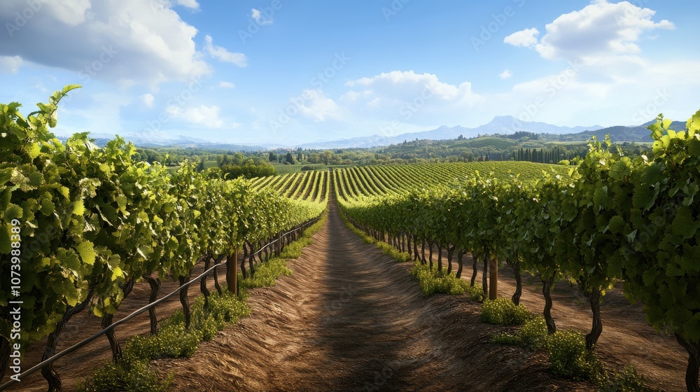 Scenic view of a lush vineyard under a bright blue sky, showcasing rows of green grapevines stretching into the distance. Scenic view of a lush vineyard under a bright blue sky, showcasing rows of green grapevines stretching into the distance.