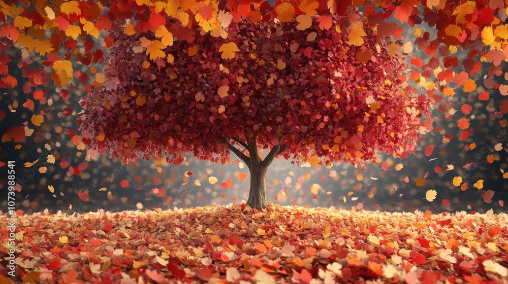 A vibrant autumn tree surrounded by a cascade of colorful leaves in shades of red, orange, and yellow. A vibrant autumn tree surrounded by a cascade of colorful leaves in shades of red, orange, and yellow.