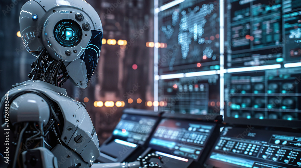 Futuristic Robot Operator Interacting With Advanced Technology in a High-Tech Control Room During Nighttime Futuristic Robot Operator Interacting With Advanced Technology in a High-Tech Control Room During Nighttime