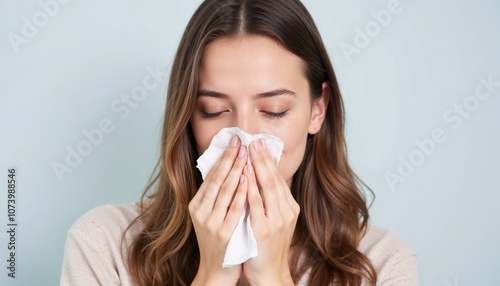 Woman blowing her nose with tissue due to cold or allergies.