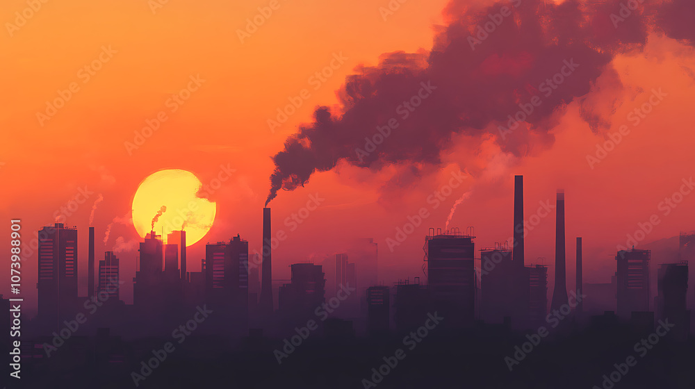 Toxic smoke from industrial factories floating in the air, causing pollution and harming the environment and health of city populations, vector illustration and flat design Toxic smoke from industrial factories floating in the air, causing pollution and harming the environment and health of city populations, vector illustration and flat design