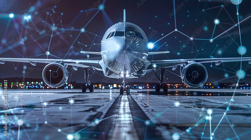 An Airplane on the Runway at Night, Illuminated by City Lights and Enhanced With Digital Technology Elements Representing Connectivity and Innovation in Aviation