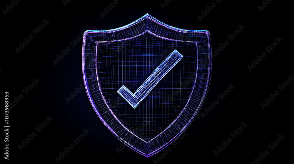 Visualizing a secure cybersecurity symbol: A dark blue wireframe shield adorned with a checkmark emblem, symbolizing robust protection and verified security measures Visualizing a secure cybersecurity symbol: A dark blue wireframe shield adorned with a checkmark emblem, symbolizing robust protection and verified security measures
