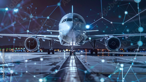 Obraz na płótnie An Airplane on the Runway at Night, Illuminated by City Lights and Enhanced With Digital Technology Elements Representing Connectivity and Innovation in Aviation w salonie
