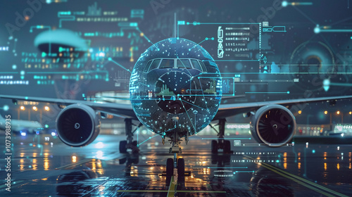 A Modern Aircraft at a Busy Airport Illuminated by Neon Lights Showcases Advanced Technology and Digital Interfaces During a Rainy Evening