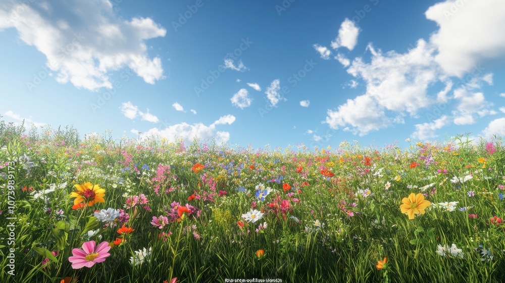 Obraz premium A vibrant field of colorful wildflowers under a bright blue sky with fluffy clouds.