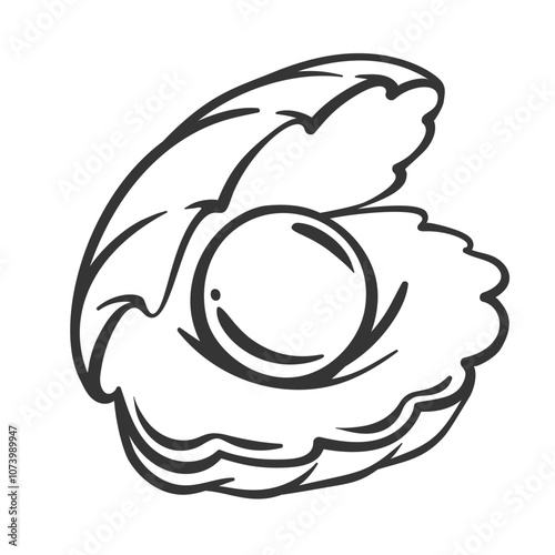 Open shell with rare pearl line icon. Outline hand drawn oyster, side view of vintage seashell with mother of pearl ball. Treasure, marine animal mascot, aquatic shellfish icon vector illustration