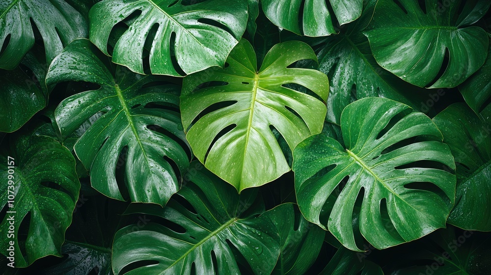 A close-up shot of lush green monstera leaves arranged in a pattern. A close-up shot of lush green monstera leaves arranged in a pattern.