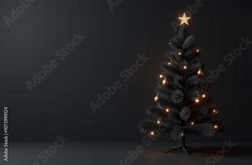 A minimalist black Christmas tree adorned with subtle golden ornaments and warm lights, crowned with a star on top, against a dark backdrop, offering ample negative space for text or design elements. photo