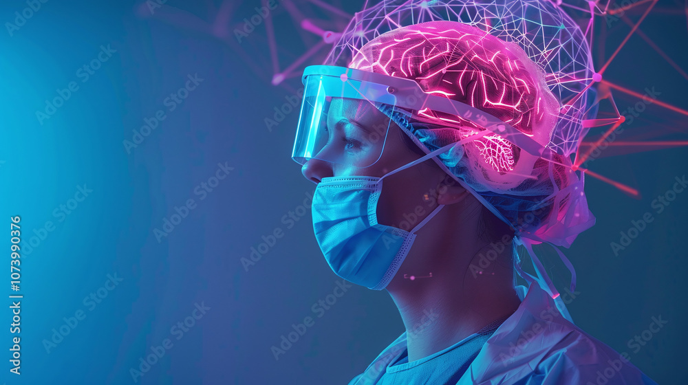 A Medical Professional Wears Protective Gear While a Digital Representation of a Brain Illustrates the Connection Between Healthcare and Technology During a Research Presentation A Medical Professional Wears Protective Gear While a Digital Representation of a Brain Illustrates the Connection Between Healthcare and Technology During a Research Presentation