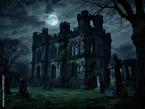 A dark garden with an old mystical castle in the distance photo