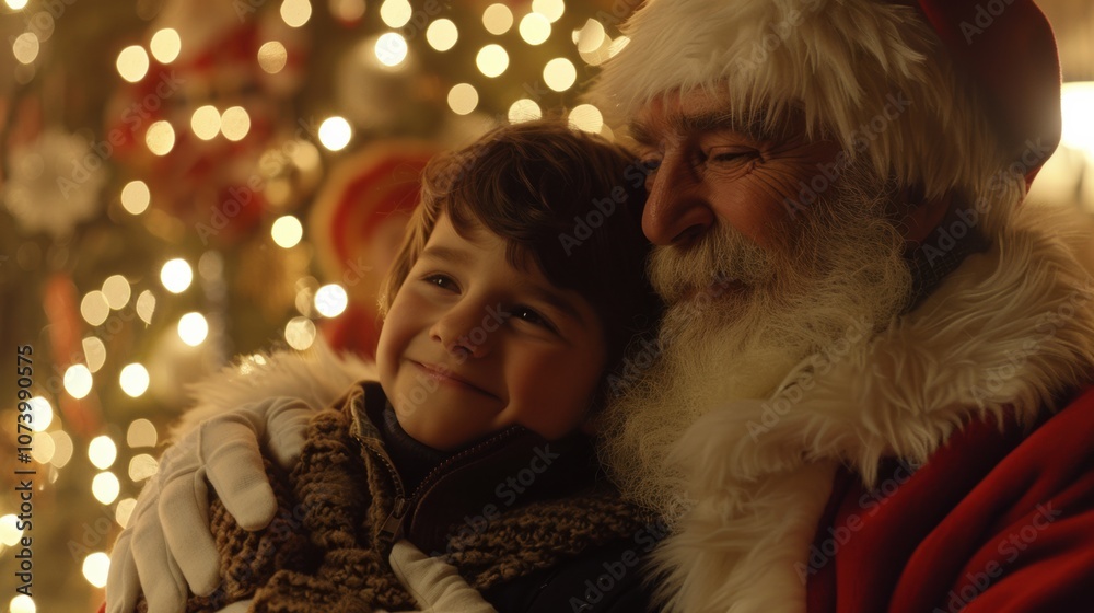 A joyful child shares a warm hug with Santa Claus during Christmas A joyful child shares a warm hug with Santa Claus during Christmas