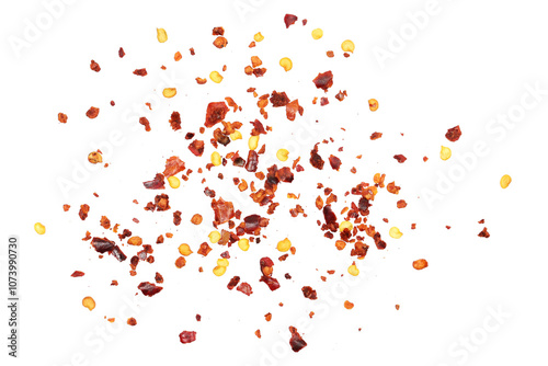 Fototapeta Naklejka Na Ścianę i Meble -  Spicy chili red pepper flakes, chopped, milled dry paprika pile isolated on white, top view
