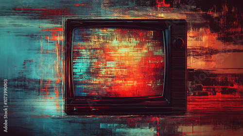 Glitchy retro television screen with abstract scanlines and static graphic resource photo