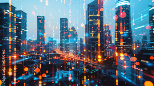 An Urban Skyline Illuminated at Dusk With Digital Data Overlays Showcasing a Vibrant Cityscape Filled With Shimmering Lights and Towering Skyscrapers