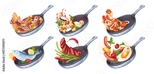 Tossing in air cartoon frying pan with food set. Meat and fish, vegetables and seafood ingredients cooked in frying pan with spices. Cooking mascot, cartoon chef skillets of dinner vector illustration