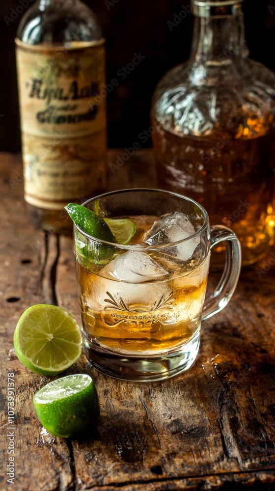 Moscow mule cocktail on the rocks. Vodka, ginger beer and lime juice, garnished with lime, on rustic wooden surface. Moscow mule cocktail on the rocks. Vodka, ginger beer and lime juice, garnished with lime, on rustic wooden surface.