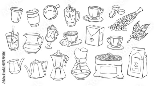 Coffee doodle set, cafe menu line icons. Hand drawn retro cup of hot and cold drink, bag and scoop of beans, pot and sweet dessert. Coffee break mascot, outline icons collection vector illustration
