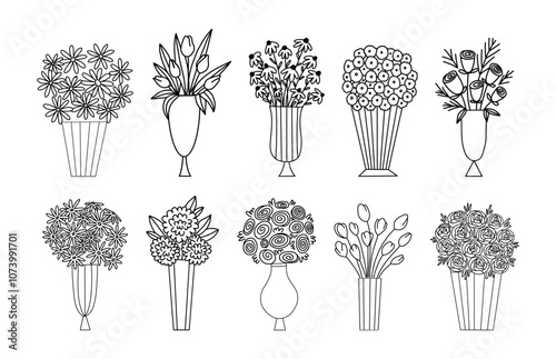 Flower in vase illustration including different floral bouquets. Hand drawn cute line art about plants in interior. Thin linear drawing in doodle style.