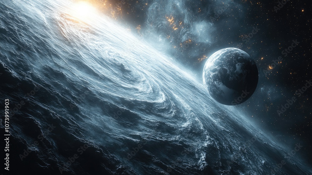 Fototapeta premium A distant planet with a swirling atmosphere and a bright star in the background.