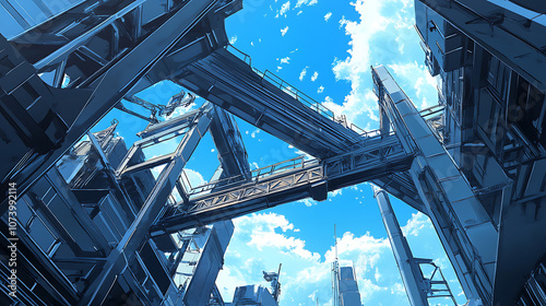 Industrial steel structure frames a blue sky architecture illustration