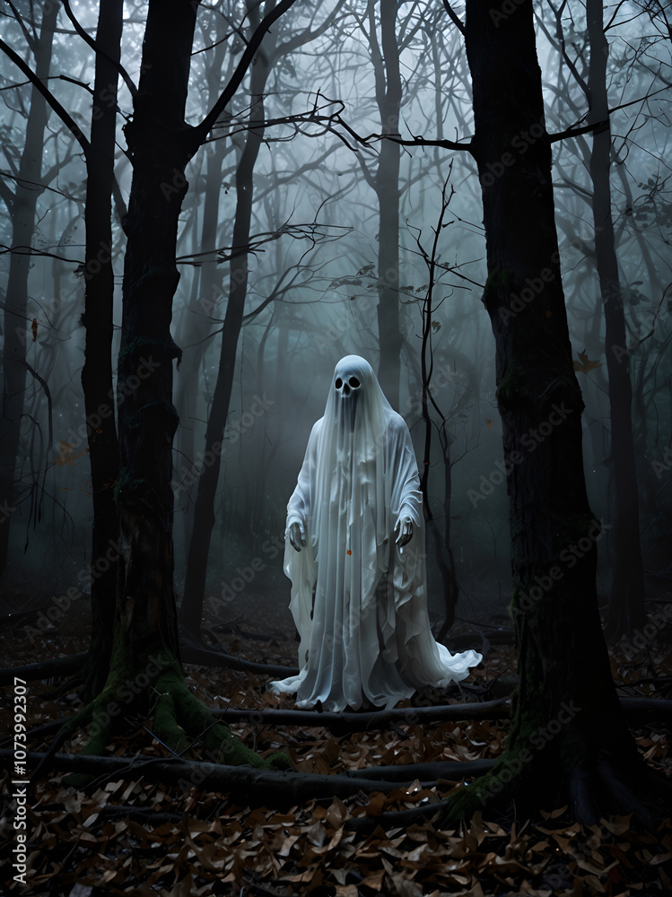 A ghost glows in a dark forest surrounded by mystical fog A ghost glows in a dark forest surrounded by mystical fog