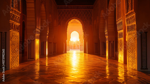 Majestic koutoubia mosque in marrakech illuminated by warm sunrise glow islamic architecture travel photography photo