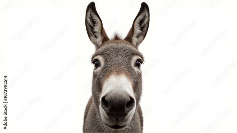 Generative AI, close-up of a gray donkey with soulful eyes against white background Generative AI, close-up of a gray donkey with soulful eyes against white background
