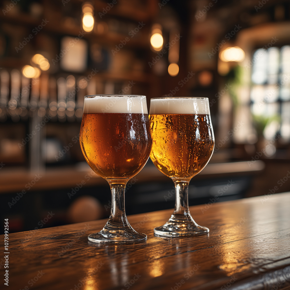 Two glasses of beer are sitting on a bar top in a warmly lit pub, with condensation clinging to the sides of the glasses Two glasses of beer are sitting on a bar top in a warmly lit pub, with condensation clinging to the sides of the glasses