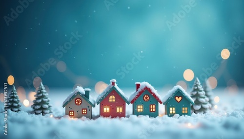 Cozy Winter Wonderland Scene with Colorful Houses and Snow-Covered Trees photo