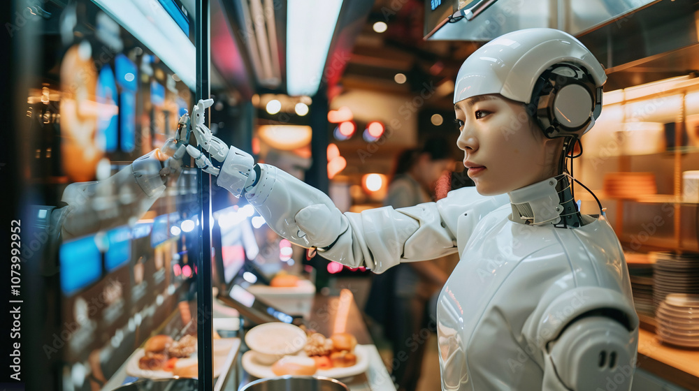 A Humanoid Robot Serves Food in a Futuristic Restaurant Environment, Demonstrating Advanced Technology and Automation at Work During a Busy Dining Hour A Humanoid Robot Serves Food in a Futuristic Restaurant Environment, Demonstrating Advanced Technology and Automation at Work During a Busy Dining Hour