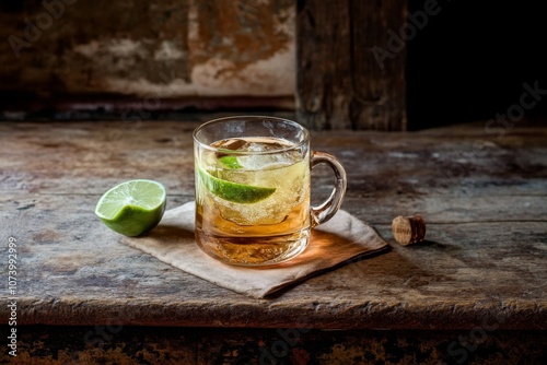 Moscow mule cocktail on the rocks. Vodka, ginger beer and lime juice, garnished with lime, on rustic wooden surface. photo