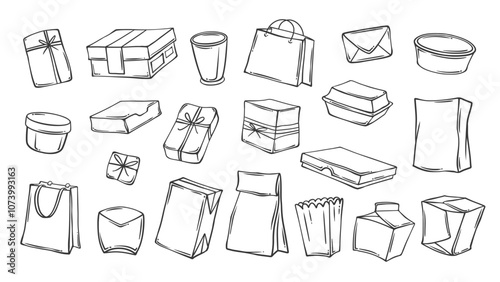 Paper packages, bags and boxes of different shape line icons set. Outline pocket, handbag with handles, eco pack and cup. Delivery, gift mascot, hand drawn retail store boxes icon vector illustration