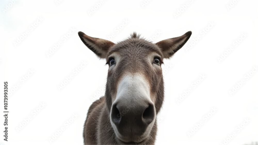 Generative AI, close-up of a gray donkey with soulful eyes against white background