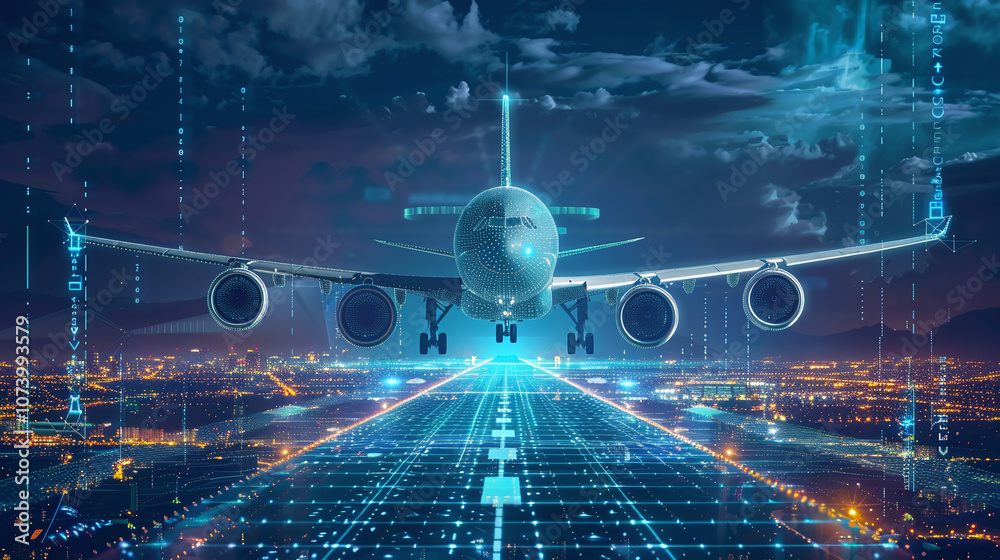 A Futuristic Airplane Takes off at Night With Neon Lights and Digital Elements Enhancing the Runway, Showcasing Advanced Aviation Technology and Innovation in Transportation