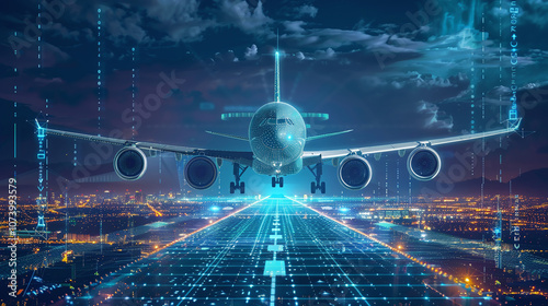 Obraz na płótnie A Futuristic Airplane Takes off at Night With Neon Lights and Digital Elements Enhancing the Runway, Showcasing Advanced Aviation Technology and Innovation in Transportation w salonie