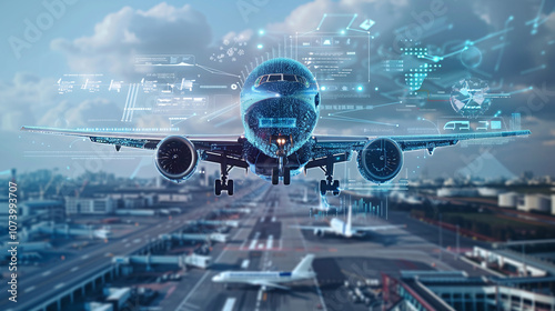 Obraz na płótnie A Modern Airplane Approaches a Busy Airport Runway Amid Digital Overlays of Flight Data and Technology w salonie