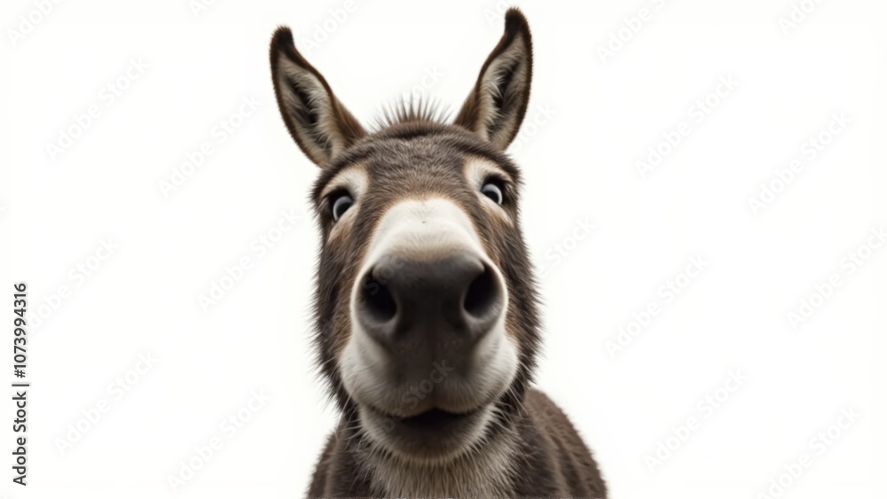 Generative AI, close-up of a gray donkey with soulful eyes against white background Generative AI, close-up of a gray donkey with soulful eyes against white background