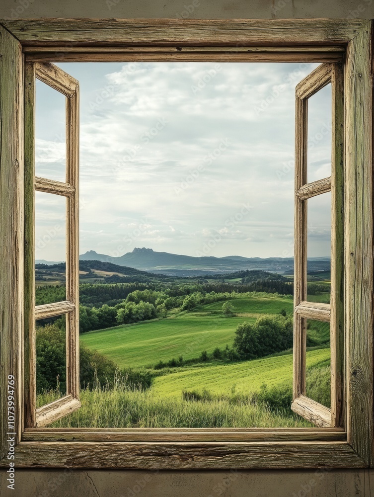 Fototapeta premium A vintage window reveals a lush green landscape framed by gentle hills and distant mountains beneath a cloudy sky. Generative AI