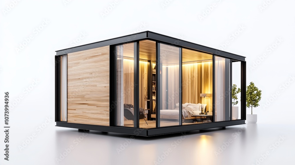 Stylish 3D render of a tiny modular home, minimalistic wooden panels and steel frame, sharp geometric shapes, placed on a white background