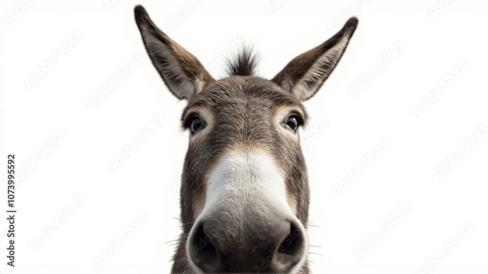 Generative AI, close-up of a gray donkey with soulful eyes against white background Generative AI, close-up of a gray donkey with soulful eyes against white background