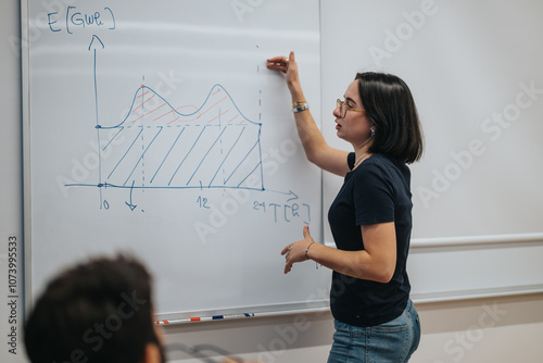 A female teacher is explaining a graph on a whiteboard to her students. The classroom setting emphasizes learning and education, fostering engagement and understanding of mathematical concepts.