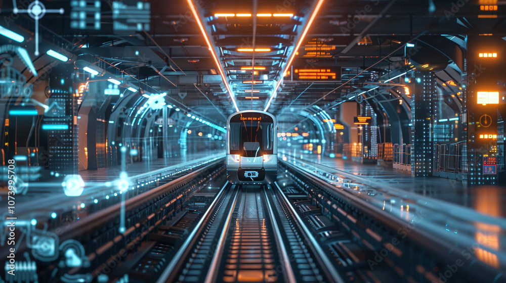 A Futuristic Subway Train Arrives at a High-Tech Underground Station Illuminated by Neon Lights and Digital Displays