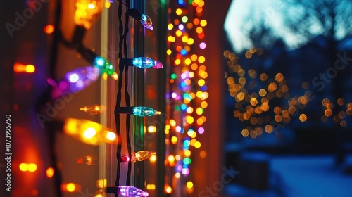 Christmas lights display with vibrant glow, cozy home, festive atmosphere