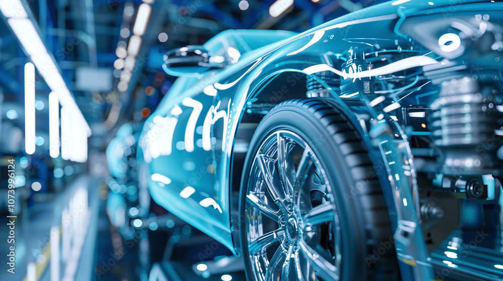 High-tech Automotive Factory Showcasing the Intricate Details of an Electric Vehicle During the Assembly Process in a Modern Production Facility High-tech Automotive Factory Showcasing the Intricate Details of an Electric Vehicle During the Assembly Process in a Modern Production Facility