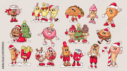 Groovy Christmas fast food cartoon characters set. Funny retro hotdog and coffee, French fries and ice cream, burger, donut. Christmas mascots, cartoon collection of 70s 80s style vector illustration