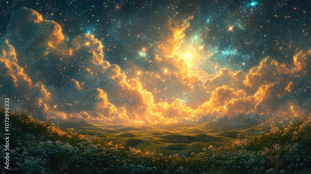 Fototapeta premium A glowing, starry sky over a green field with white flowers.