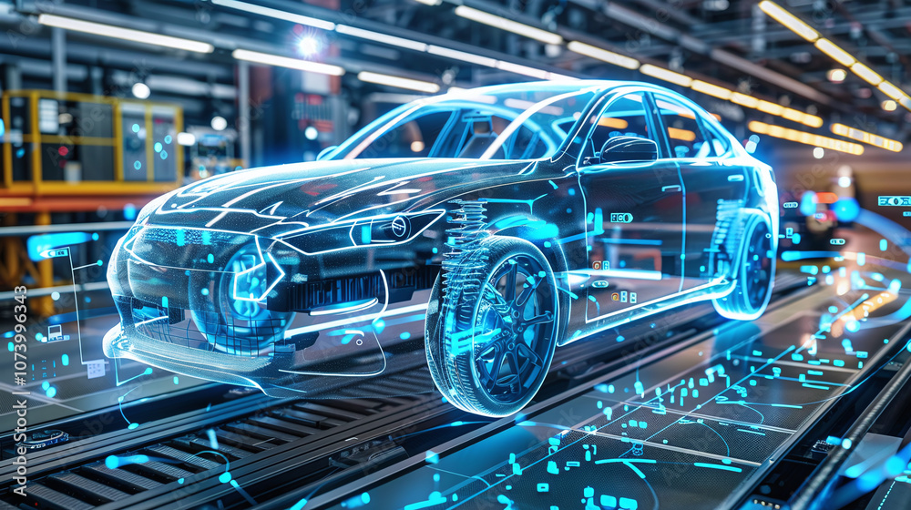 A Futuristic Car Concept Displayed in a High-Tech Manufacturing Facility With Digital Schematics Around It, Symbolizing Advanced Automotive Technology in Production A Futuristic Car Concept Displayed in a High-Tech Manufacturing Facility With Digital Schematics Around It, Symbolizing Advanced Automotive Technology in Production